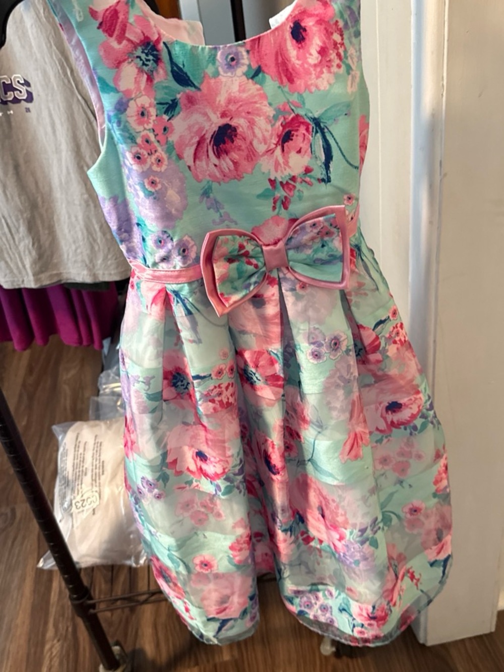 Jona Michelle Mint Floral Party Dress with Pink Bow